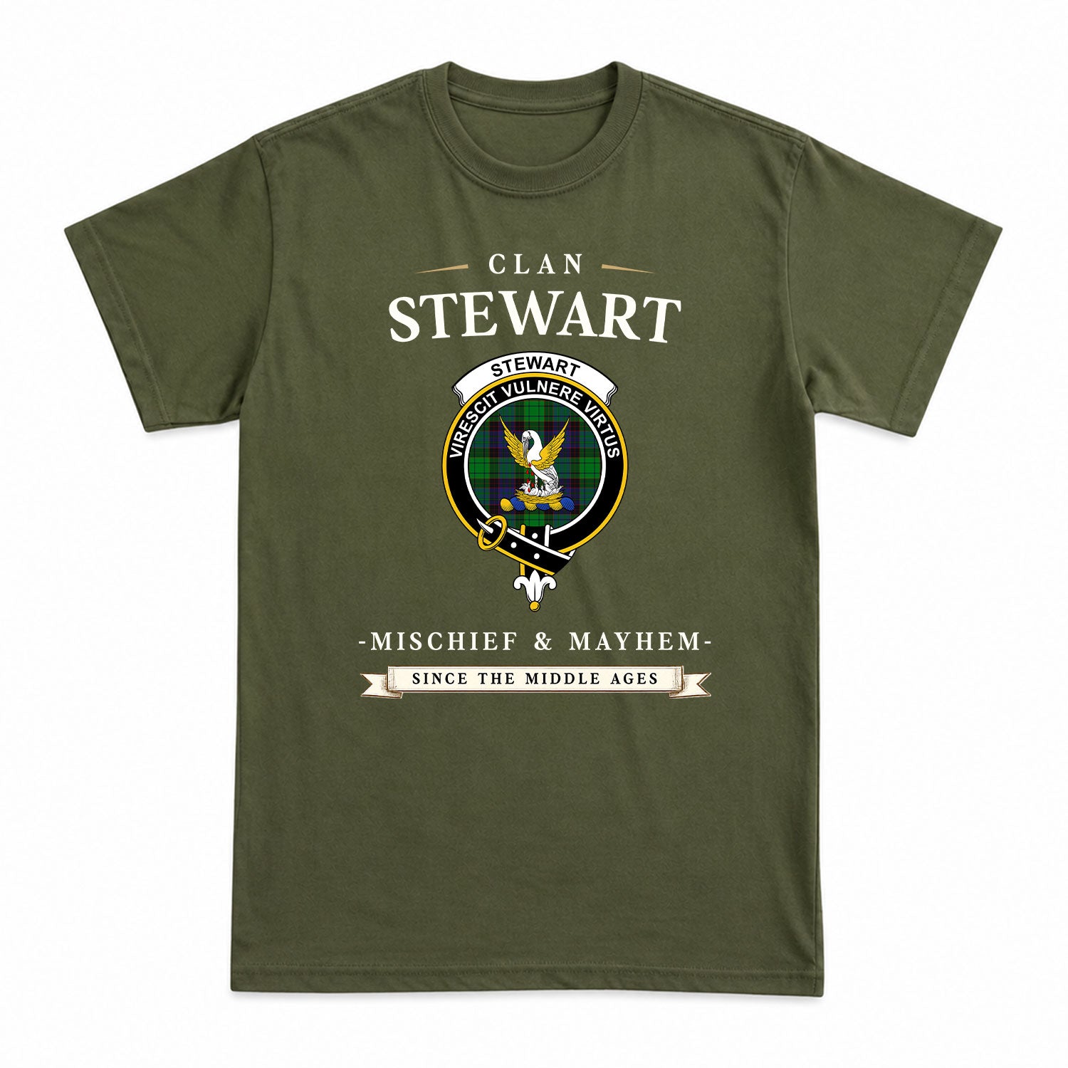 Stewart Old Modern Tartan Crest Mischief and Mayhem T-shirt