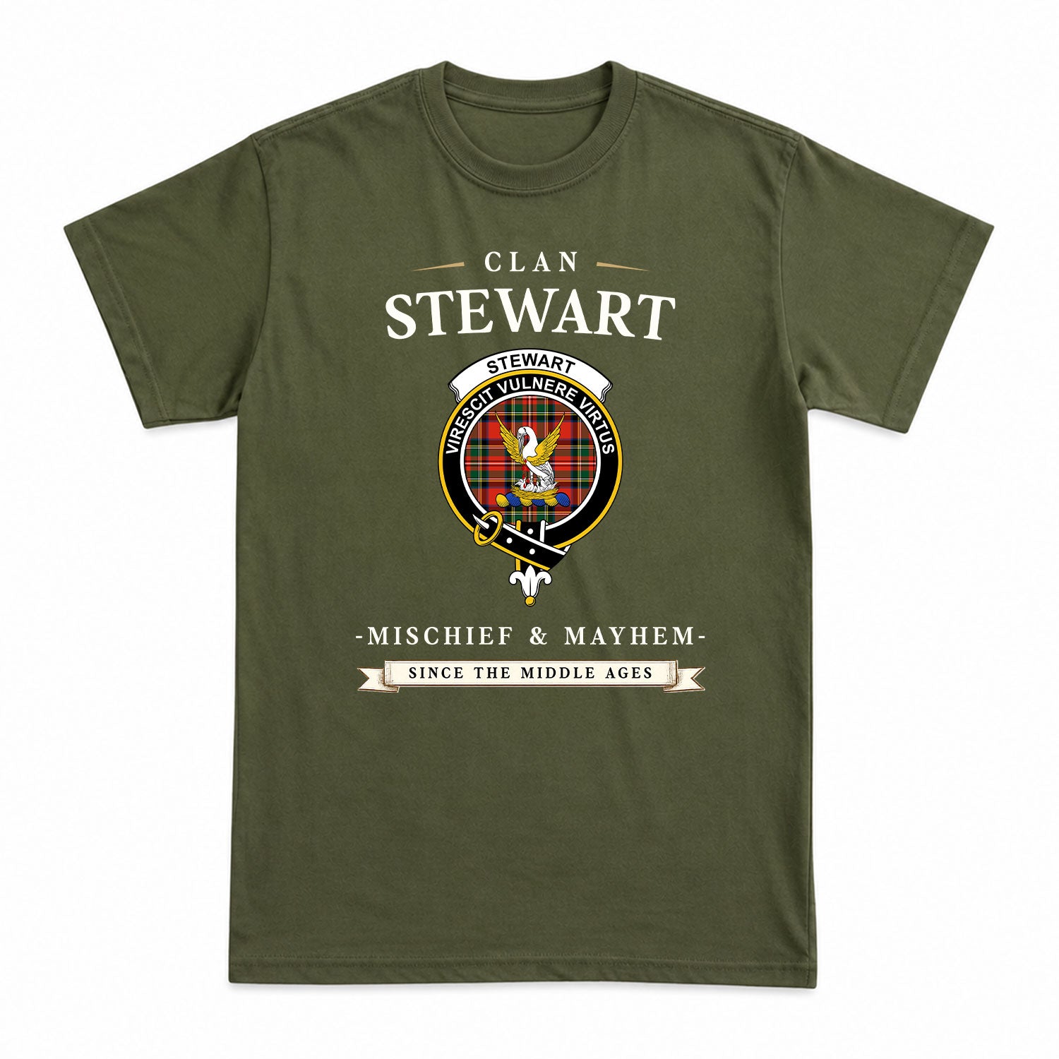 Stewart Royal Modern Tartan Crest Mischief and Mayhem T-shirt