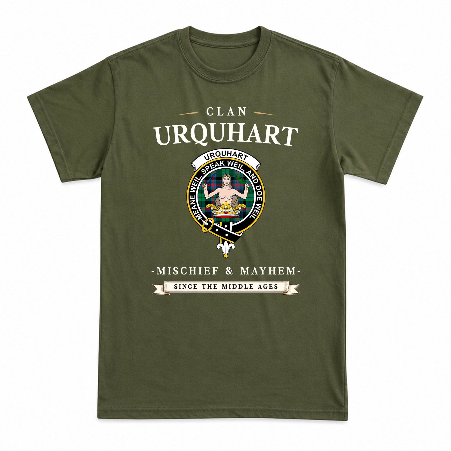 Urquhart Broad Red Ancient Tartan Crest Mischief and Mayhem T-shirt