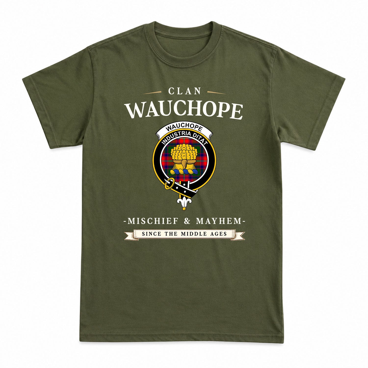 Wauchope (or Waugh) Tartan Crest Mischief and Mayhem T-shirt