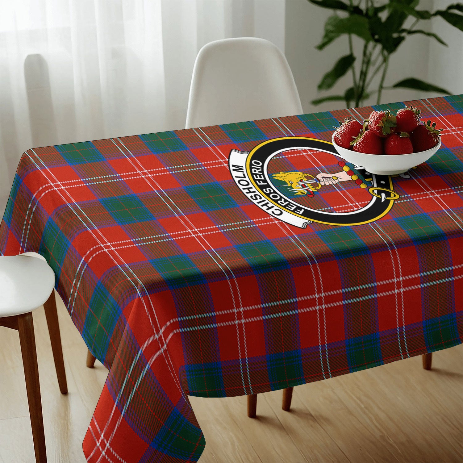 Chisholm Ancient Tartan Crest Tablecloth