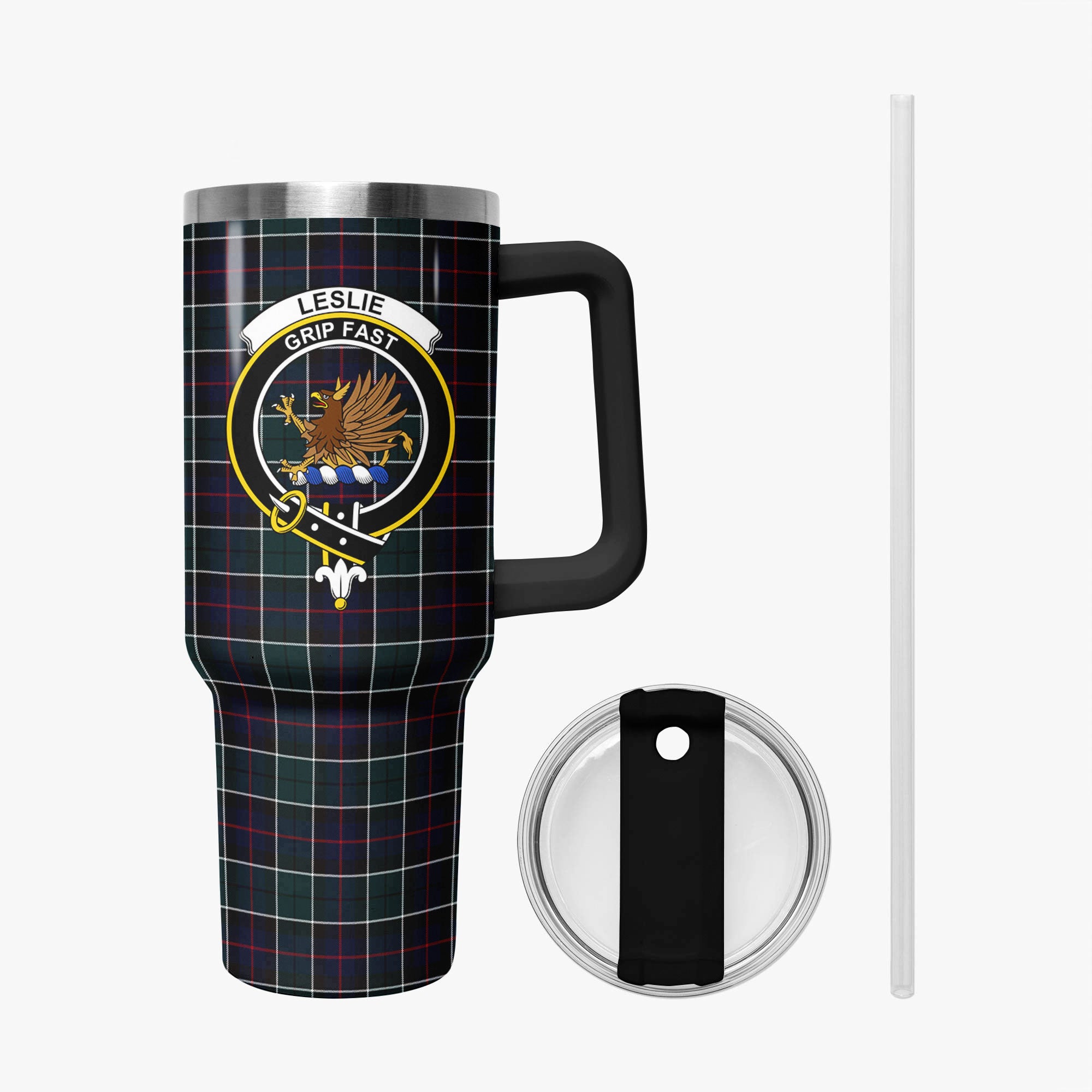 Leslie Hunting Modern Tartan Crest 40 oz Insulated Tumbler with Handle