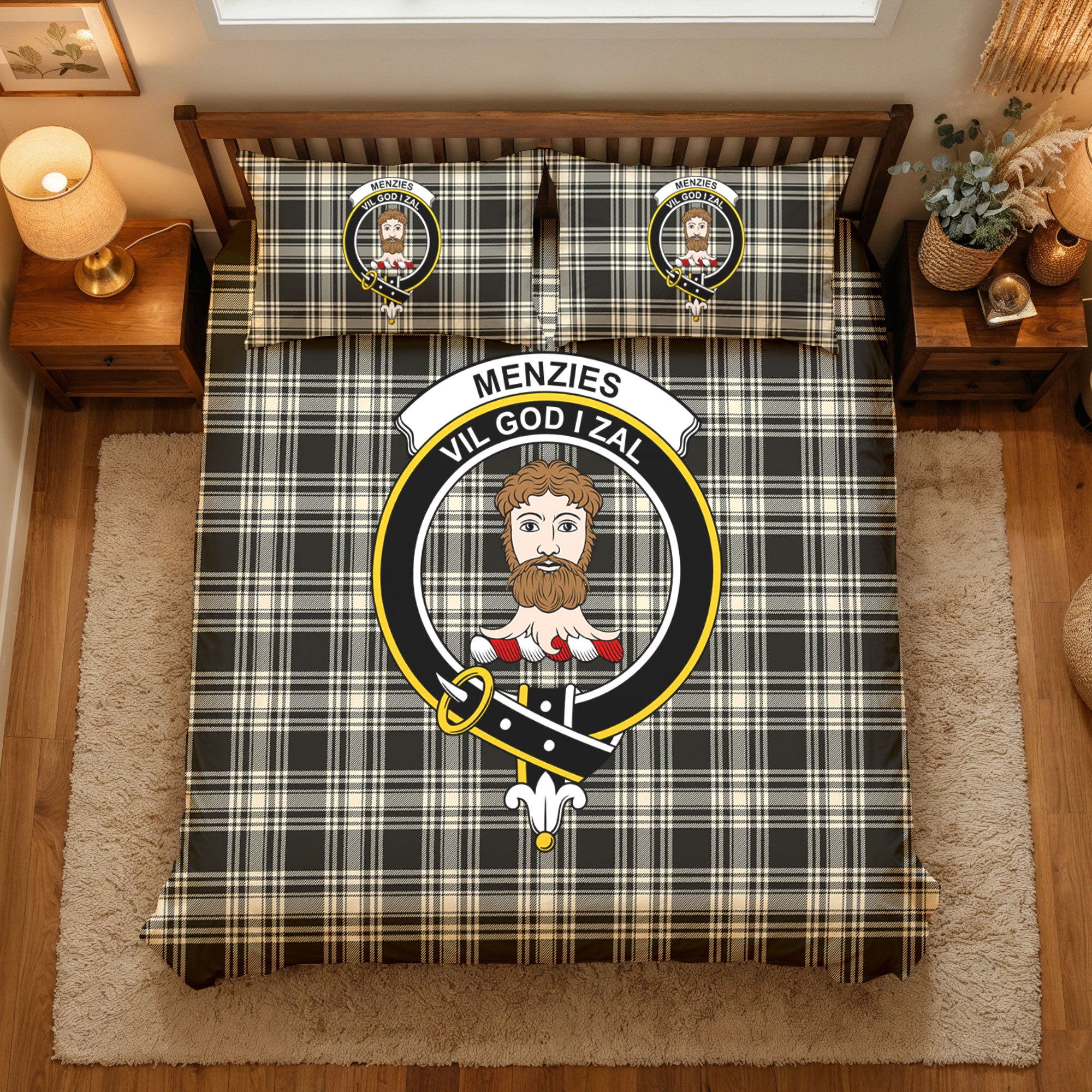 Menzies Black - White Ancient Tartan Crest Bedding Set