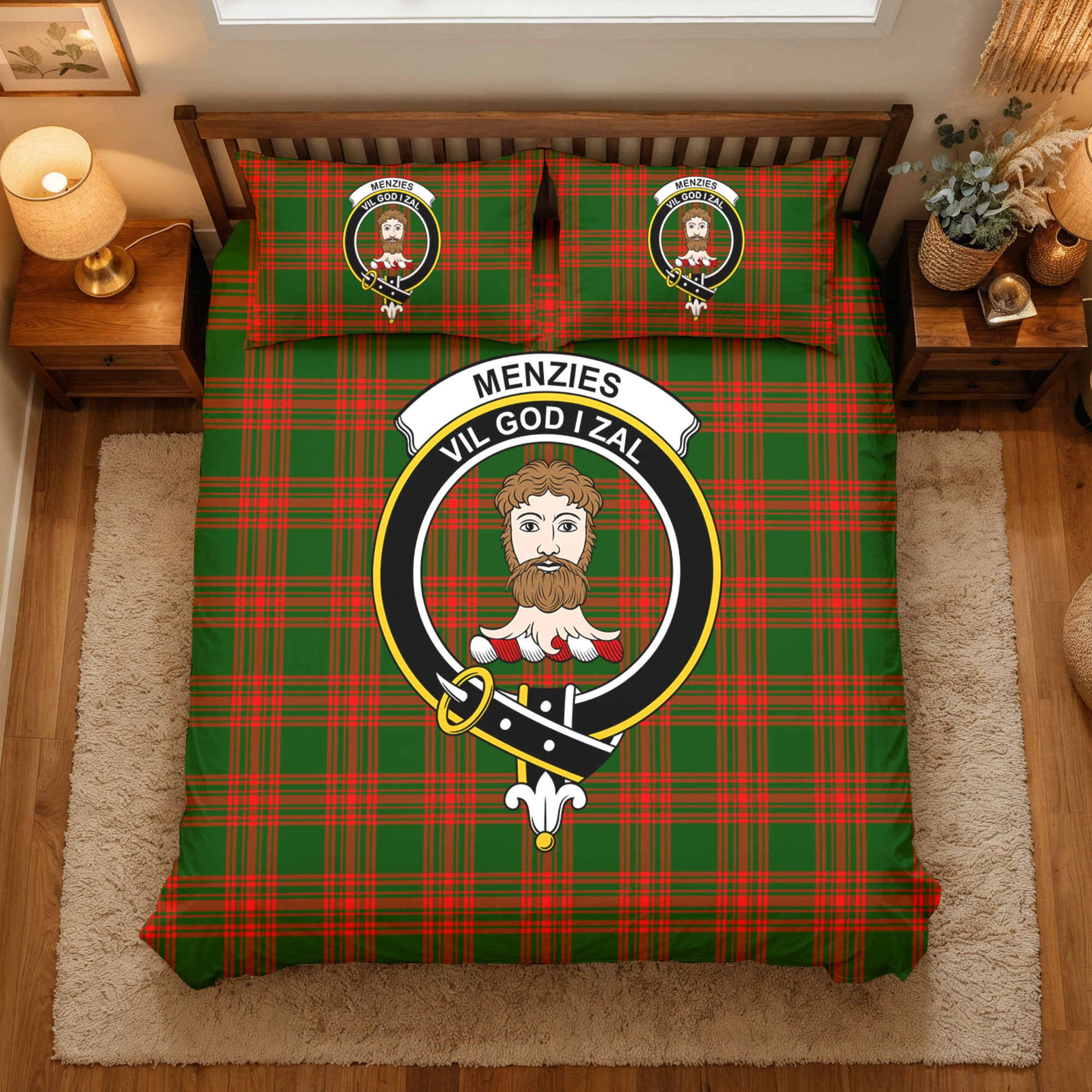 Menzies Green Modern Tartan Crest Bedding Set