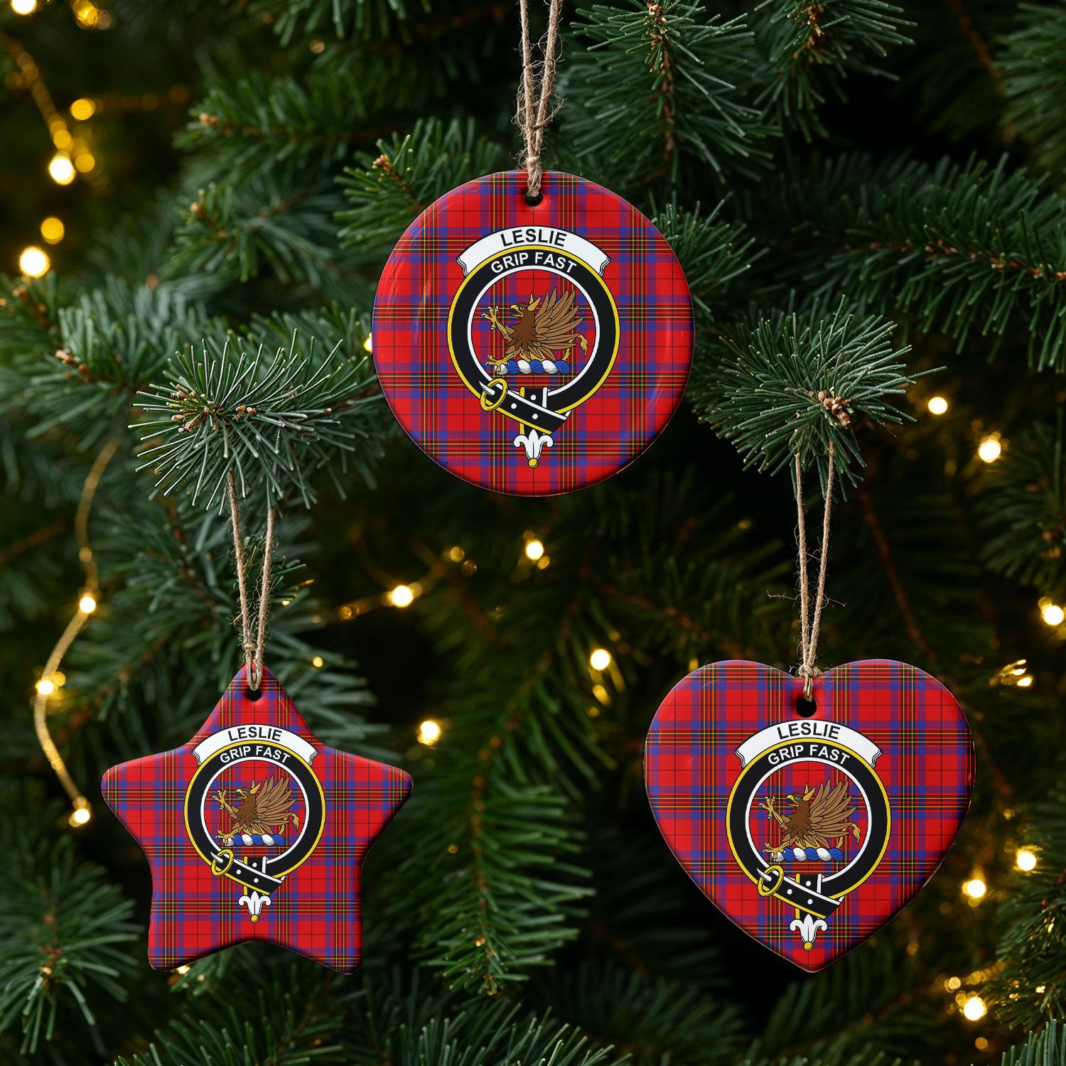 Leslie Modern Tartan Crest Christmas Ceramic Ornament