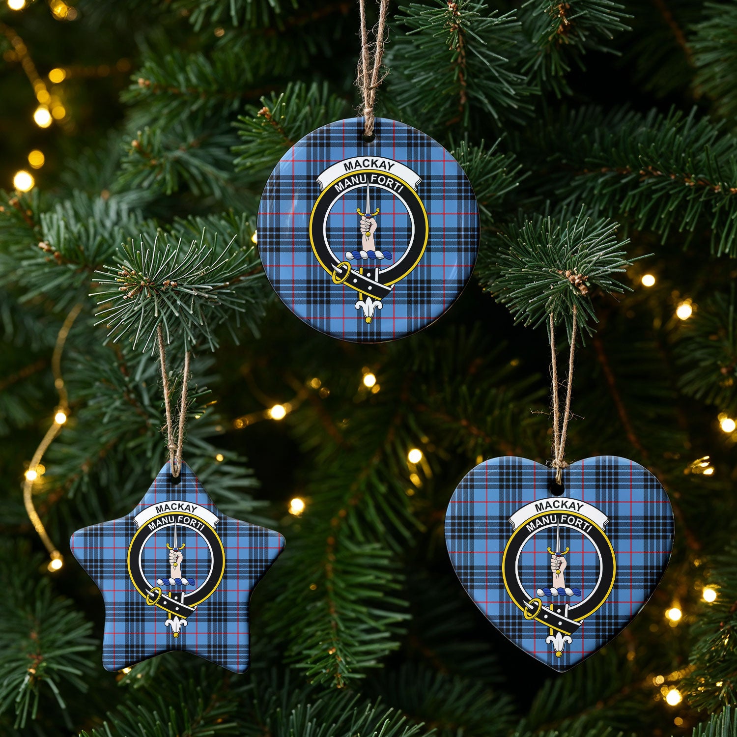 MacKay Blue Tartan Crest Christmas Ceramic Ornament