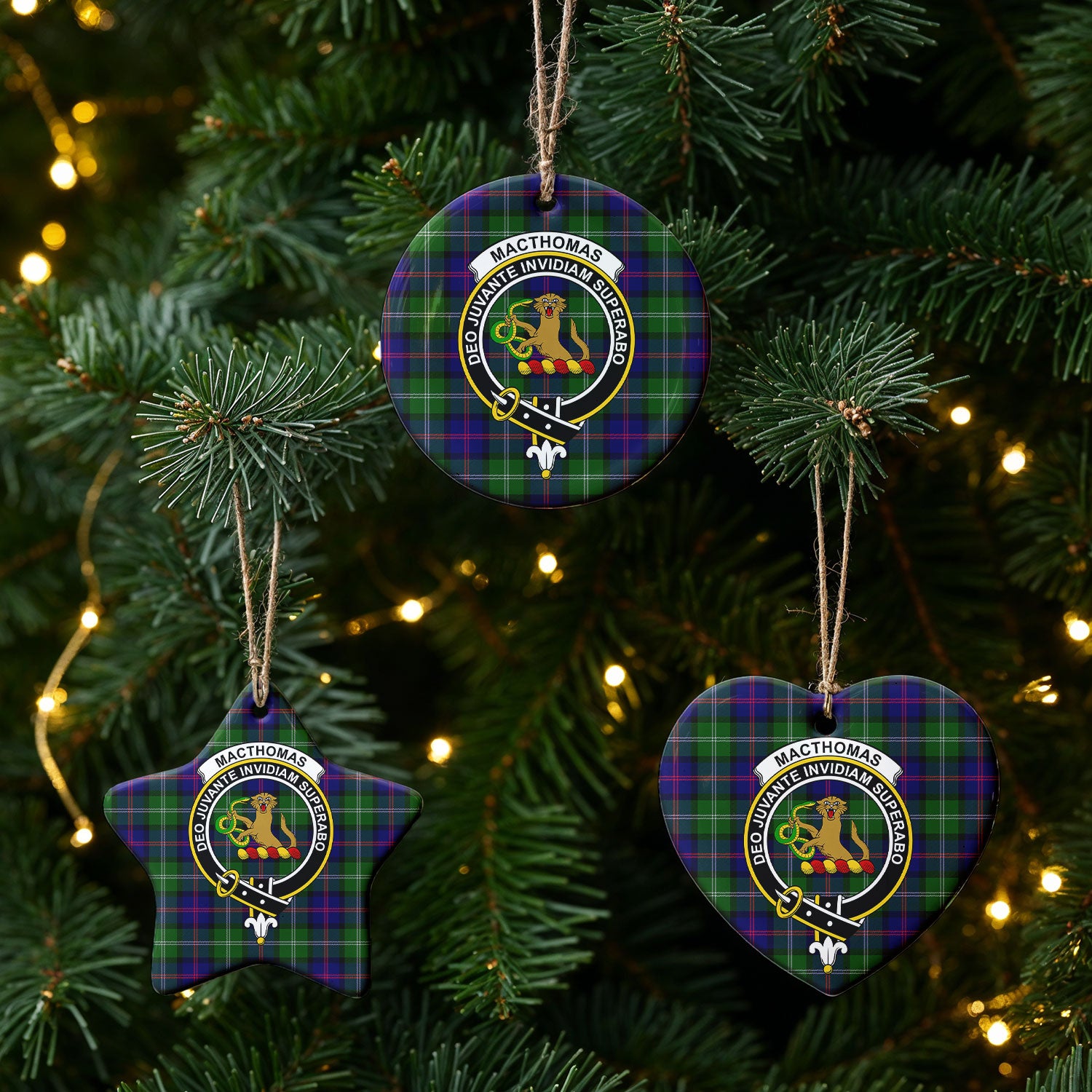MacThomas Modern Tartan Crest Christmas Ceramic Ornament