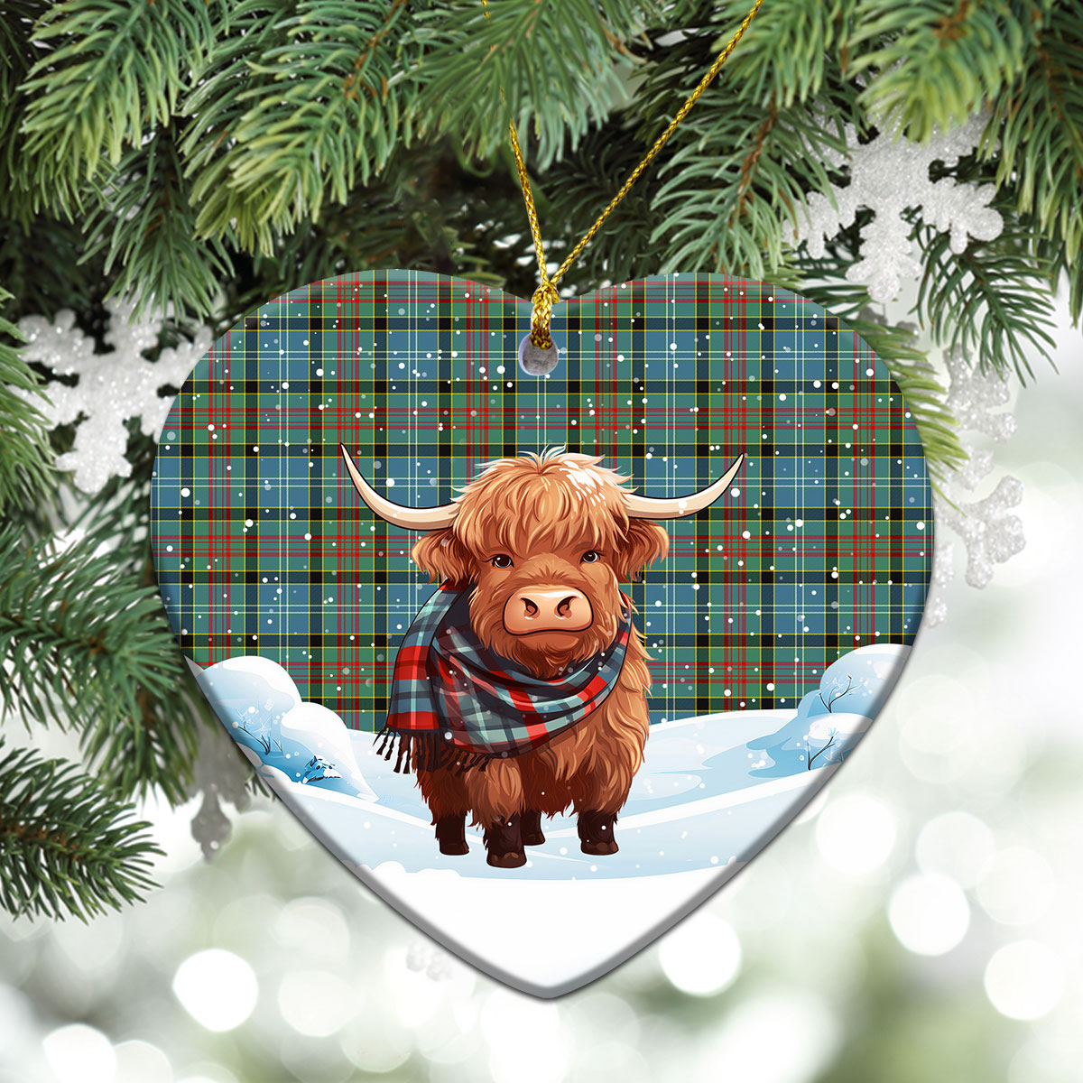 Brisbane Tartan Christmas Ceramic Ornament - Highland Cows Snow Style
