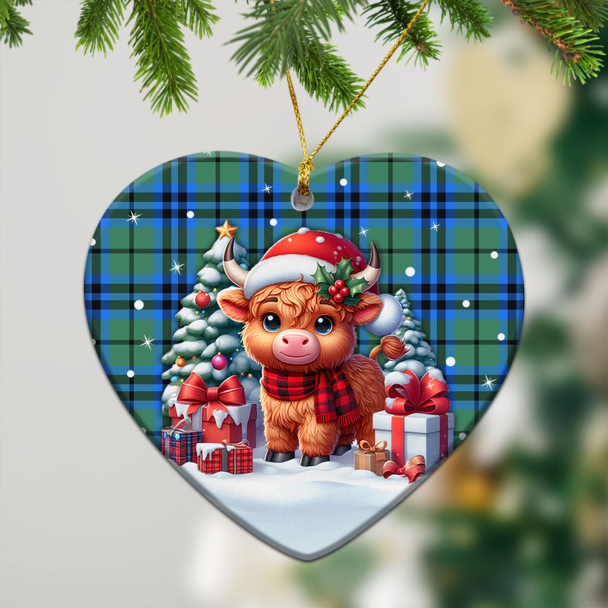 Falconer Tartan Christmas Ceramic Ornament - Highland Cow Winter Style