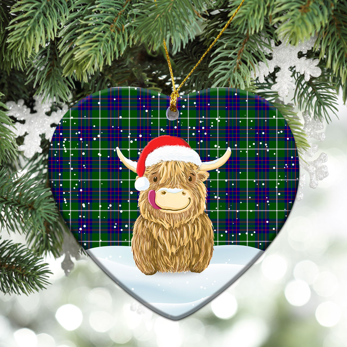 MacIntyre Hunting Modern Tartan Christmas Ceramic Ornament - Highland Cows Style