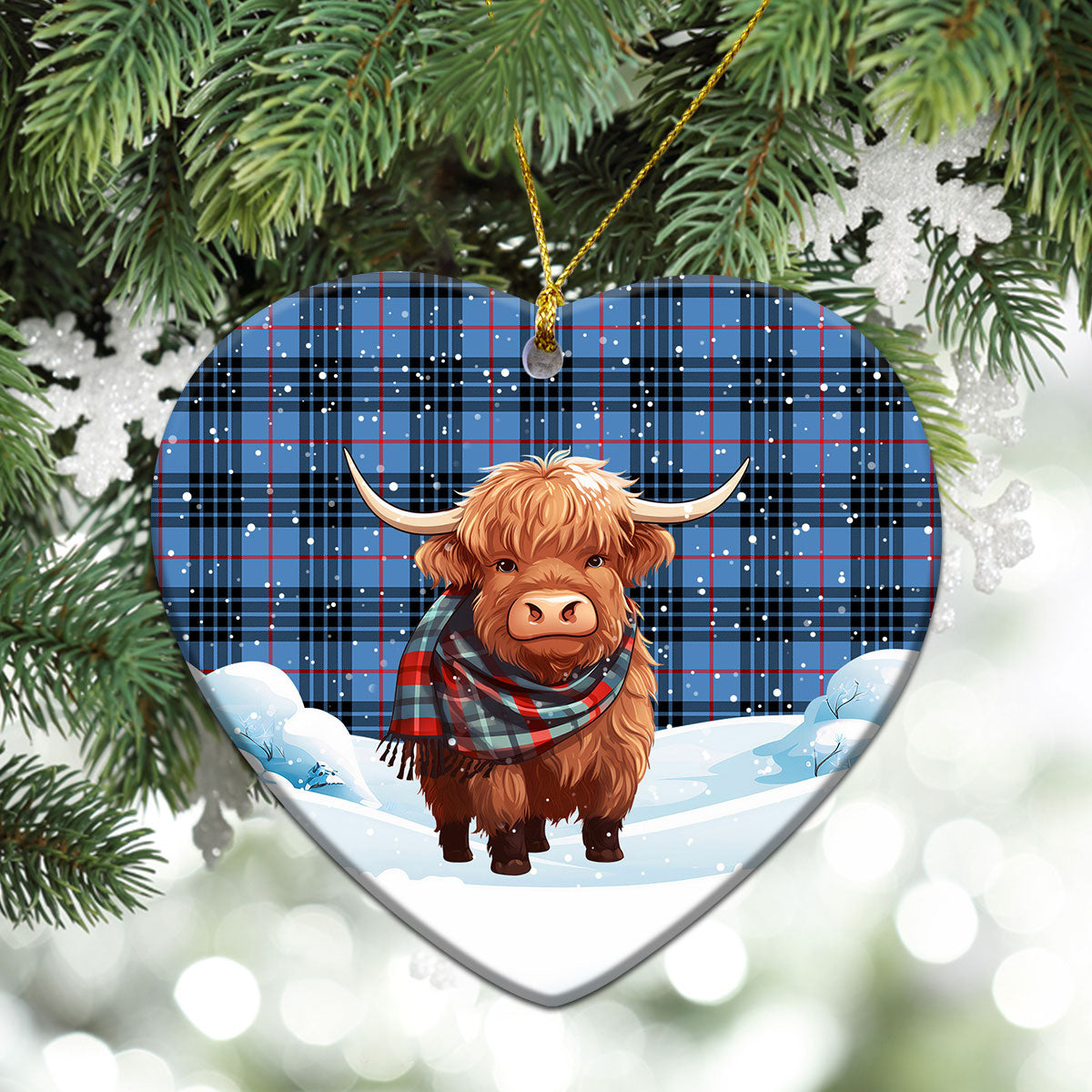 MacKay Blue Tartan Christmas Ceramic Ornament - Highland Cows Snow Style