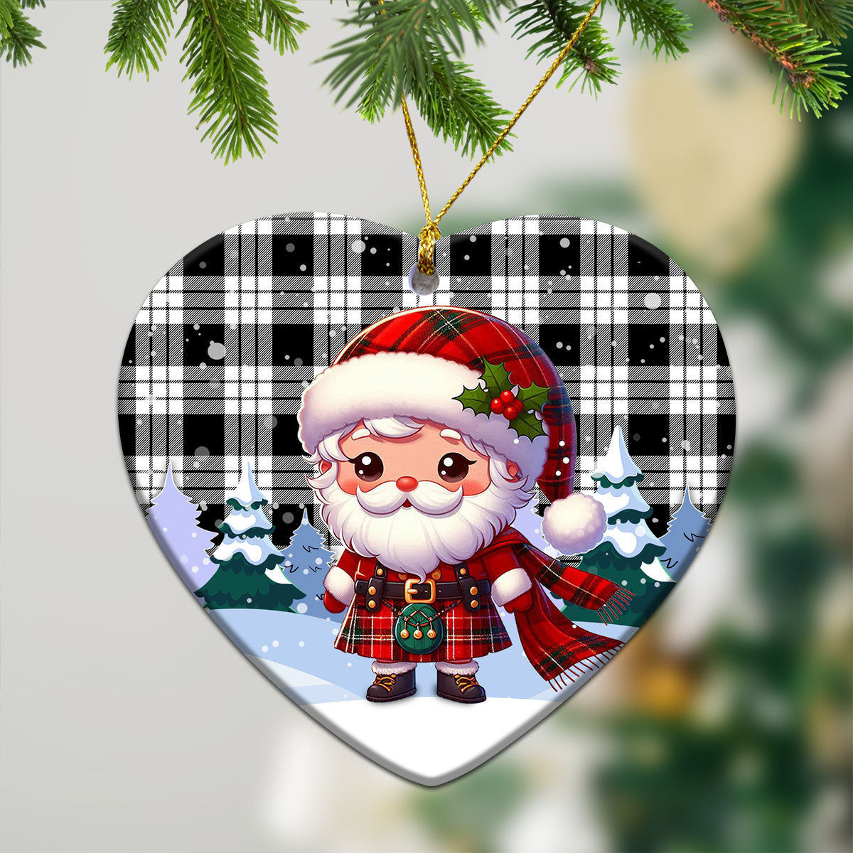 McFarlane Black - White Tartan Christmas Ceramic Ornament - Santa Claus In Kilt Style