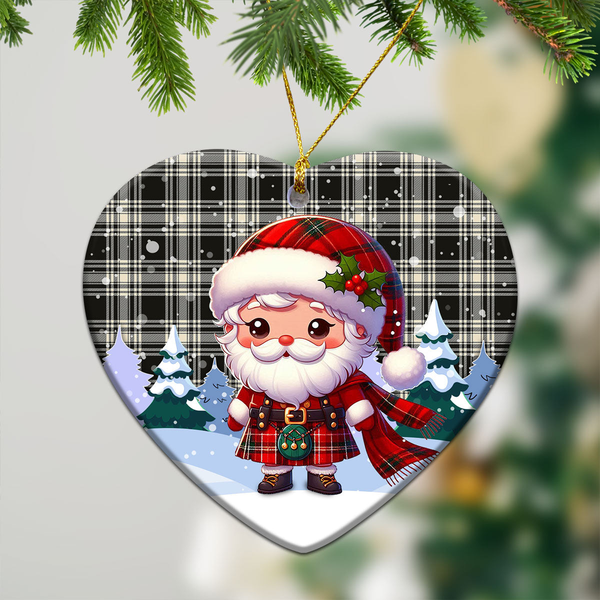 Menzies Black - White Ancient Tartan Christmas Ceramic Ornament - Santa Claus In Kilt Style