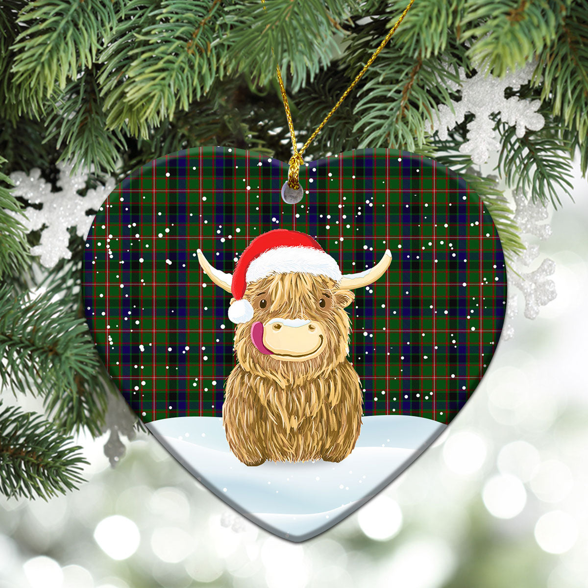 Reid Green Tartan Christmas Ceramic Ornament - Highland Cows Style