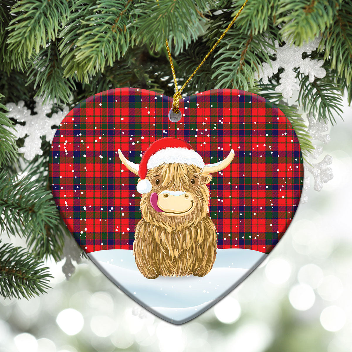 Reid Modern Tartan Christmas Ceramic Ornament - Highland Cows Style