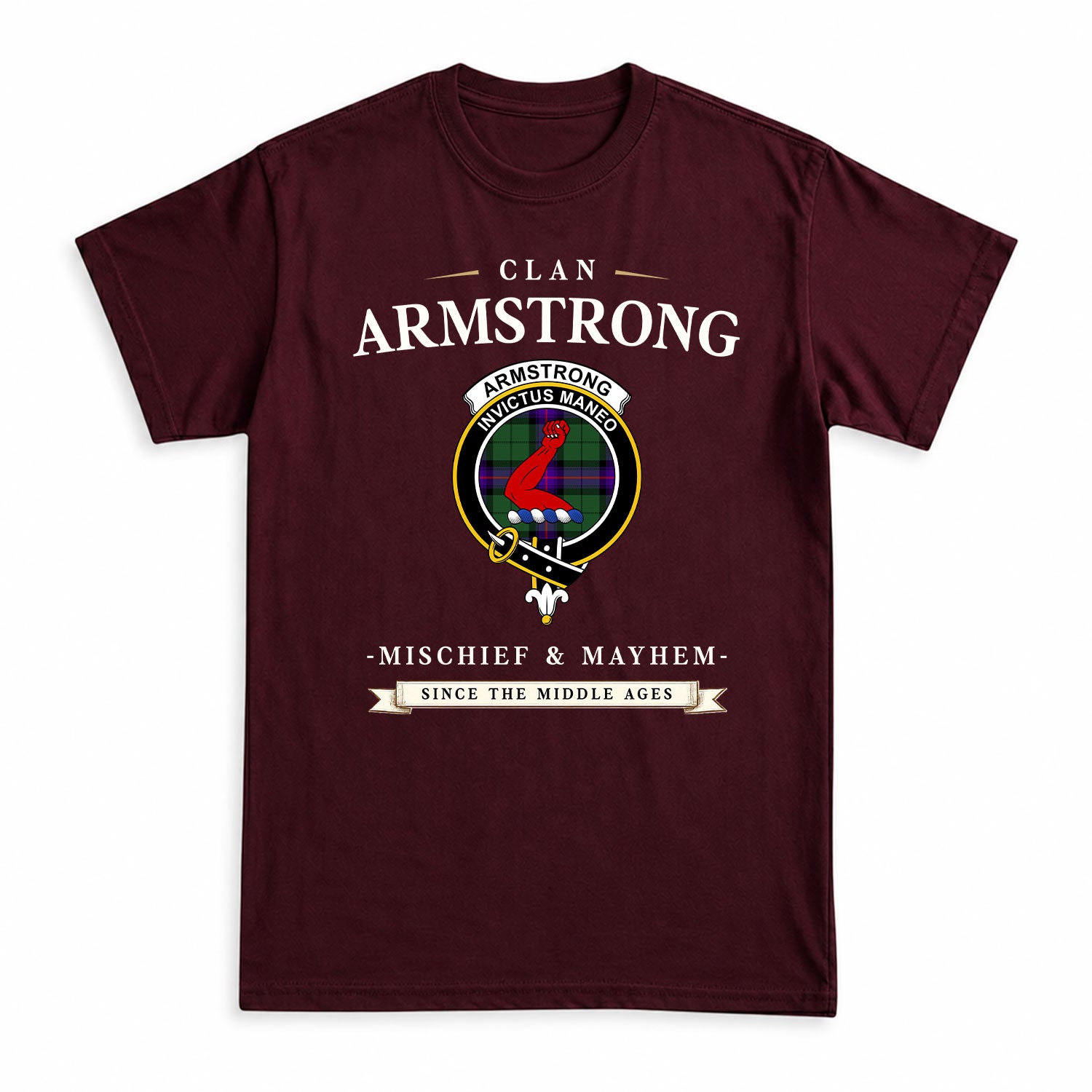 Armstrong Modern Tartan Crest Mischief and Mayhem T-shirt