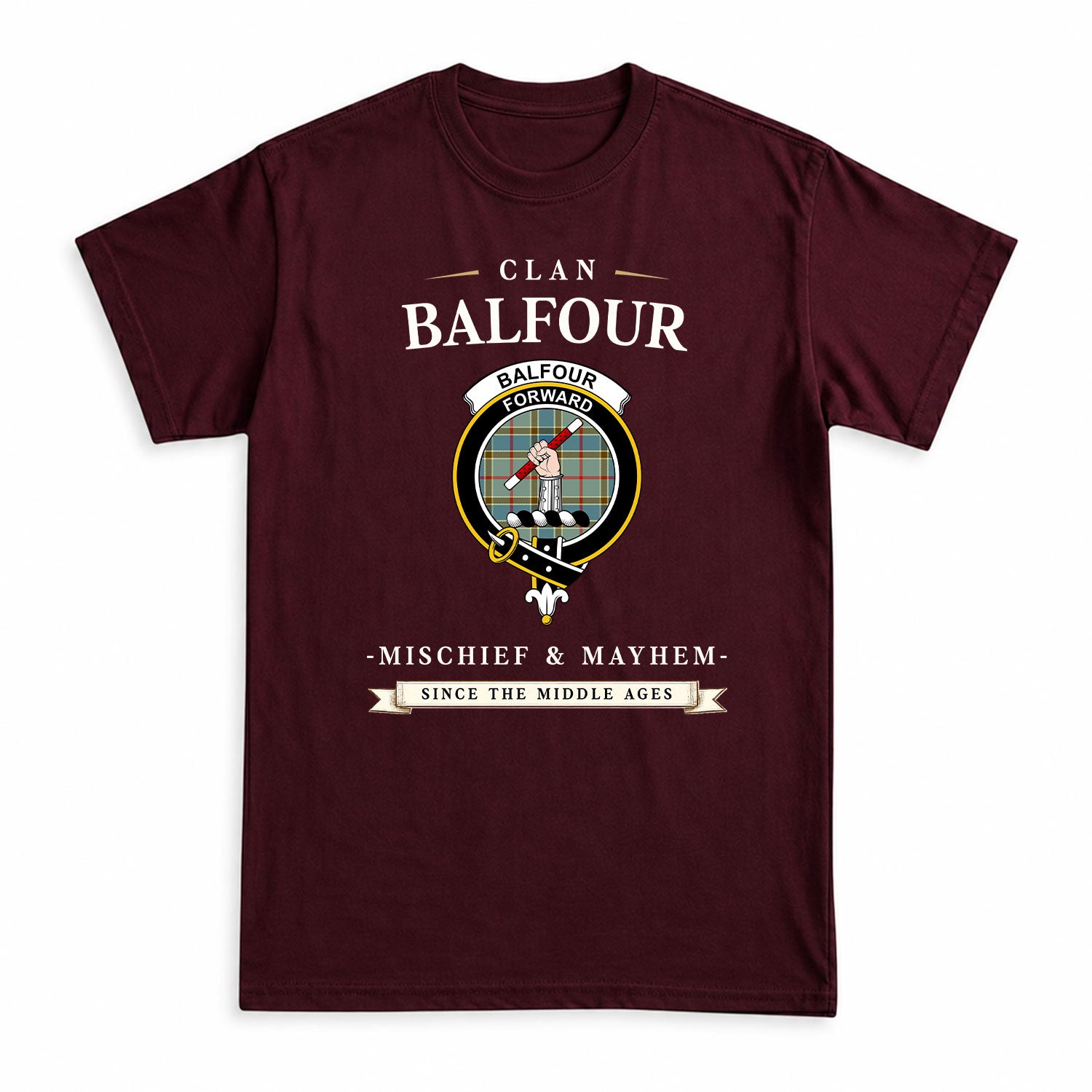 Balfour Blue Tartan Crest Mischief and Mayhem T-shirt