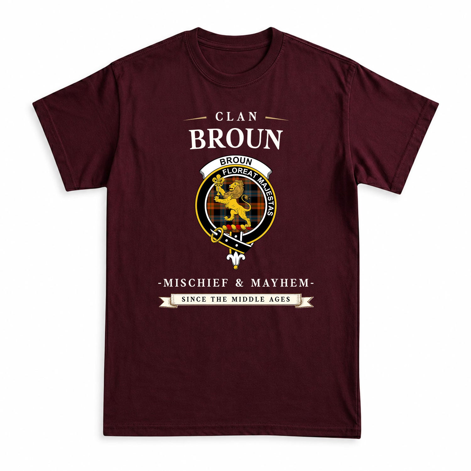 Broun Ancient Tartan Crest Mischief and Mayhem T-shirt