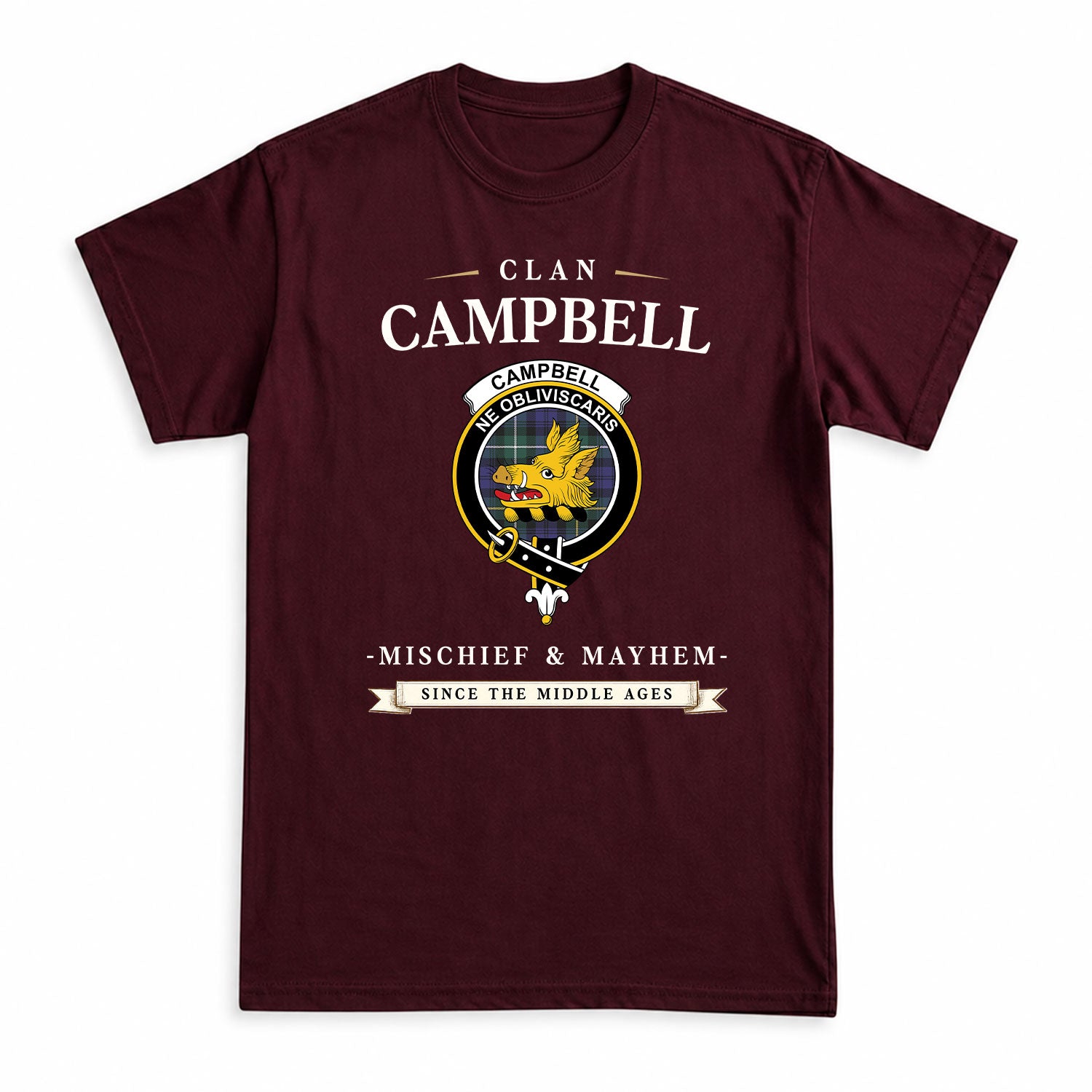 Campbell Argyll Modern Tartan Crest Mischief and Mayhem T-shirt