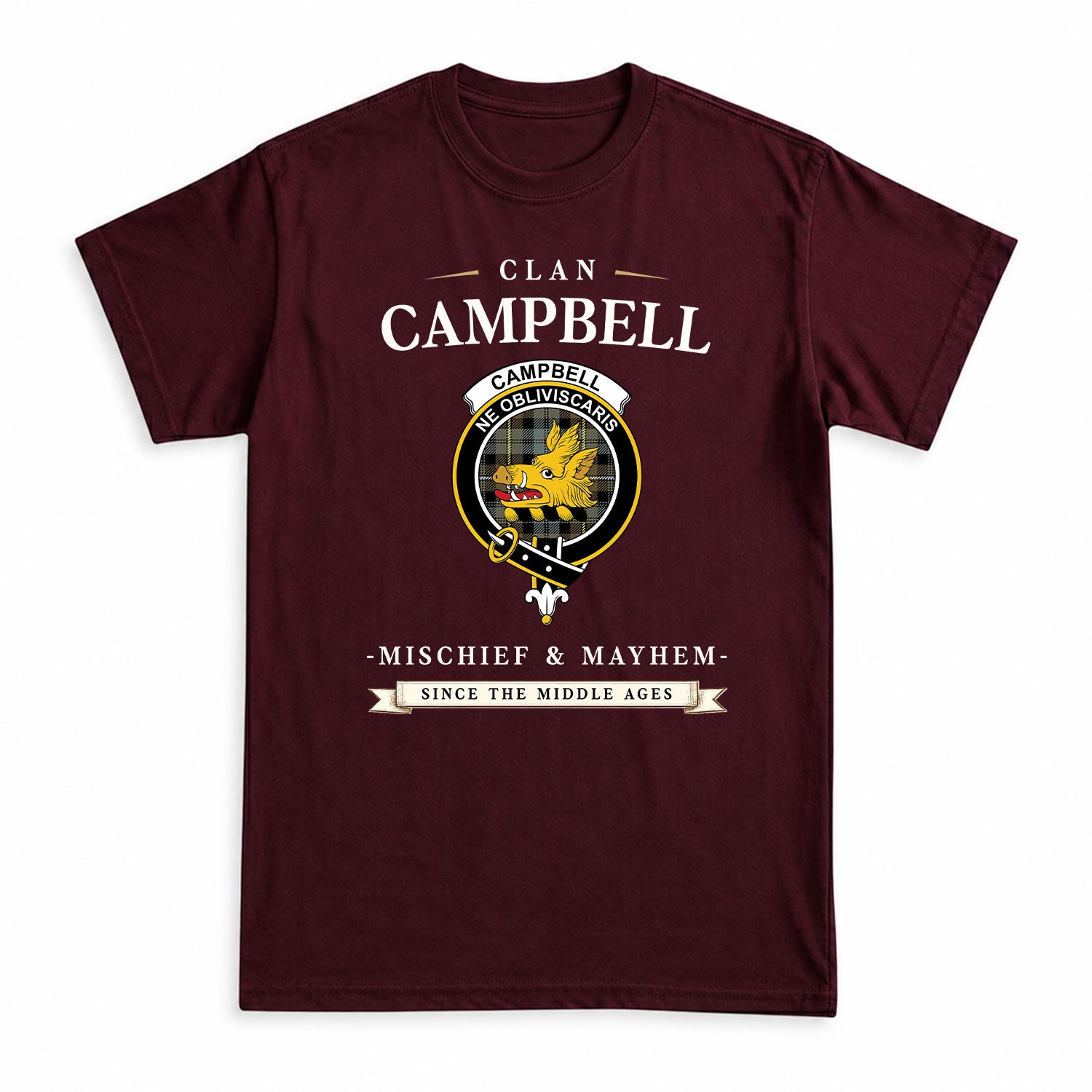 Campbell Argyll Weathered Tartan Crest Mischief and Mayhem T-shirt
