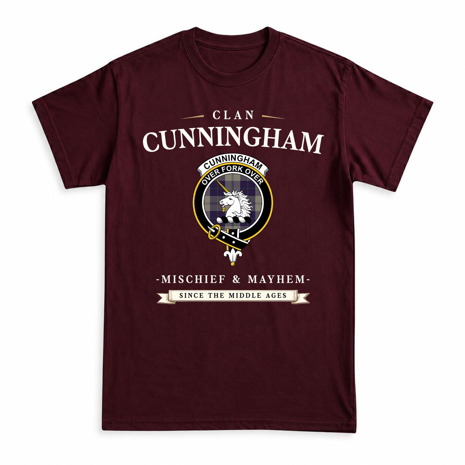 Cunningham Dress Blue Dancers Tartan Crest Mischief and Mayhem T-shirt