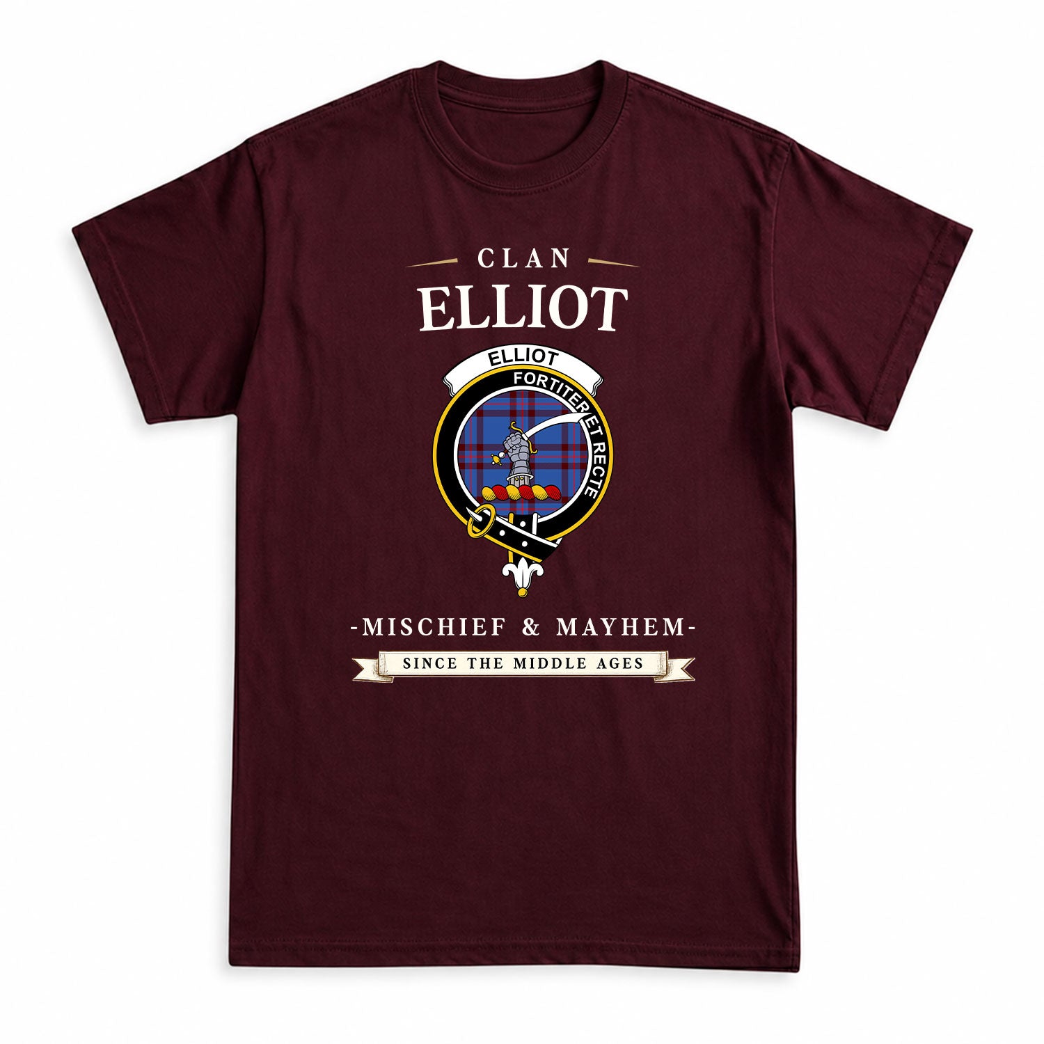 Elliot Modern Tartan Crest Mischief and Mayhem T-shirt