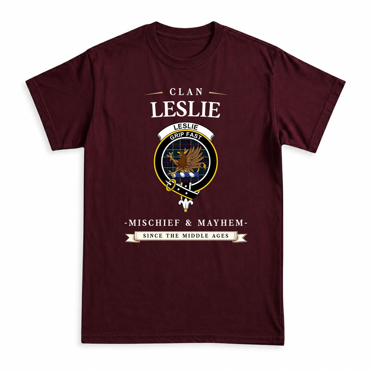 Leslie Hunting Modern Tartan Crest Mischief and Mayhem T-shirt