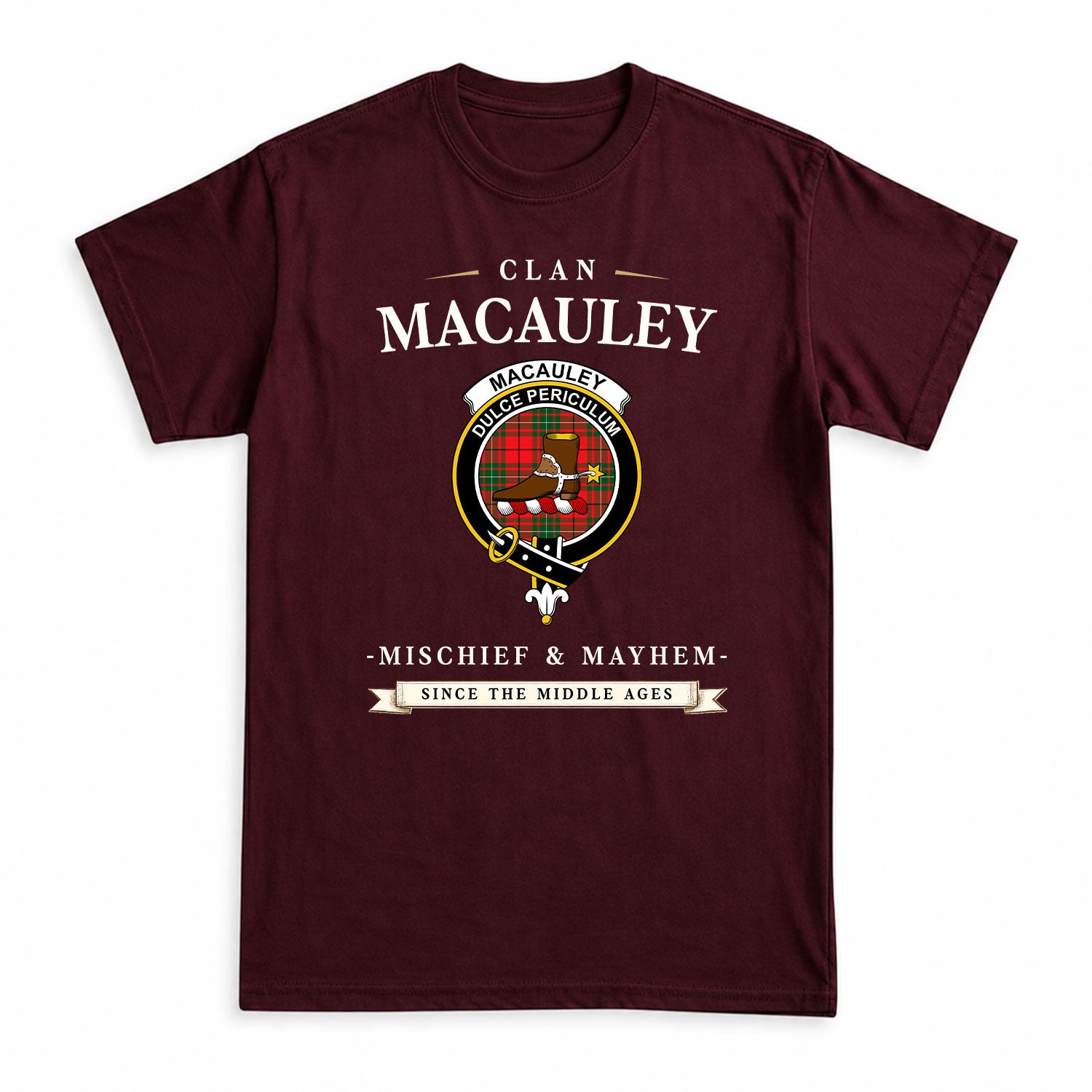 MacAuley Modern Tartan Crest Mischief and Mayhem T-shirt