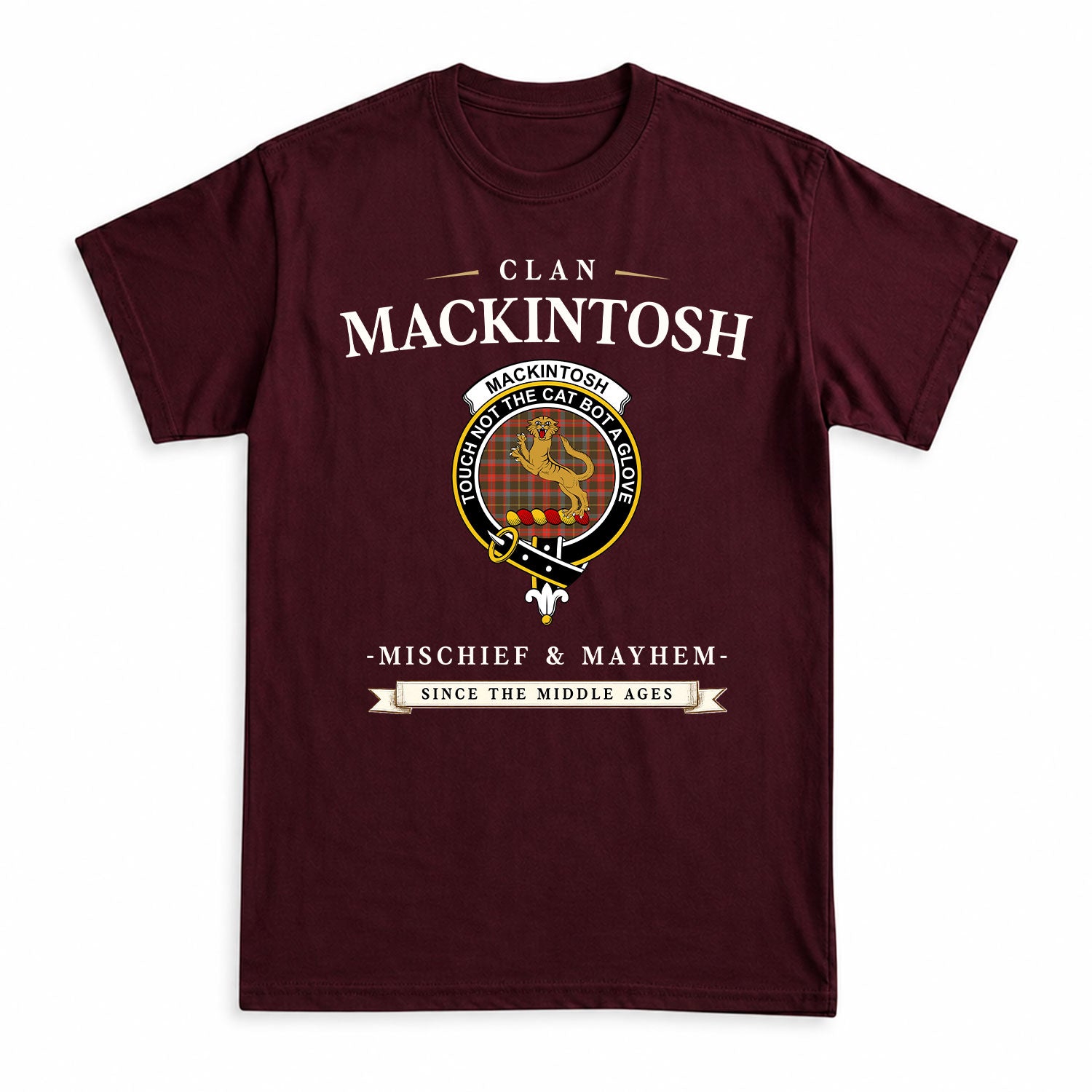 MacKintosh Hunting Weathered Tartan Crest Mischief and Mayhem T-shirt