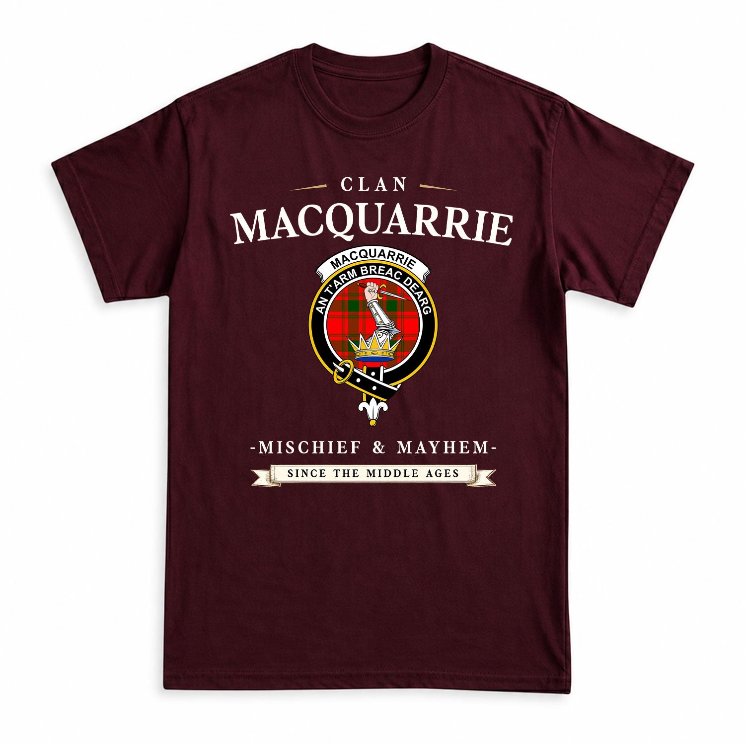 MacQuarrie Tartan Crest Mischief and Mayhem T-shirt