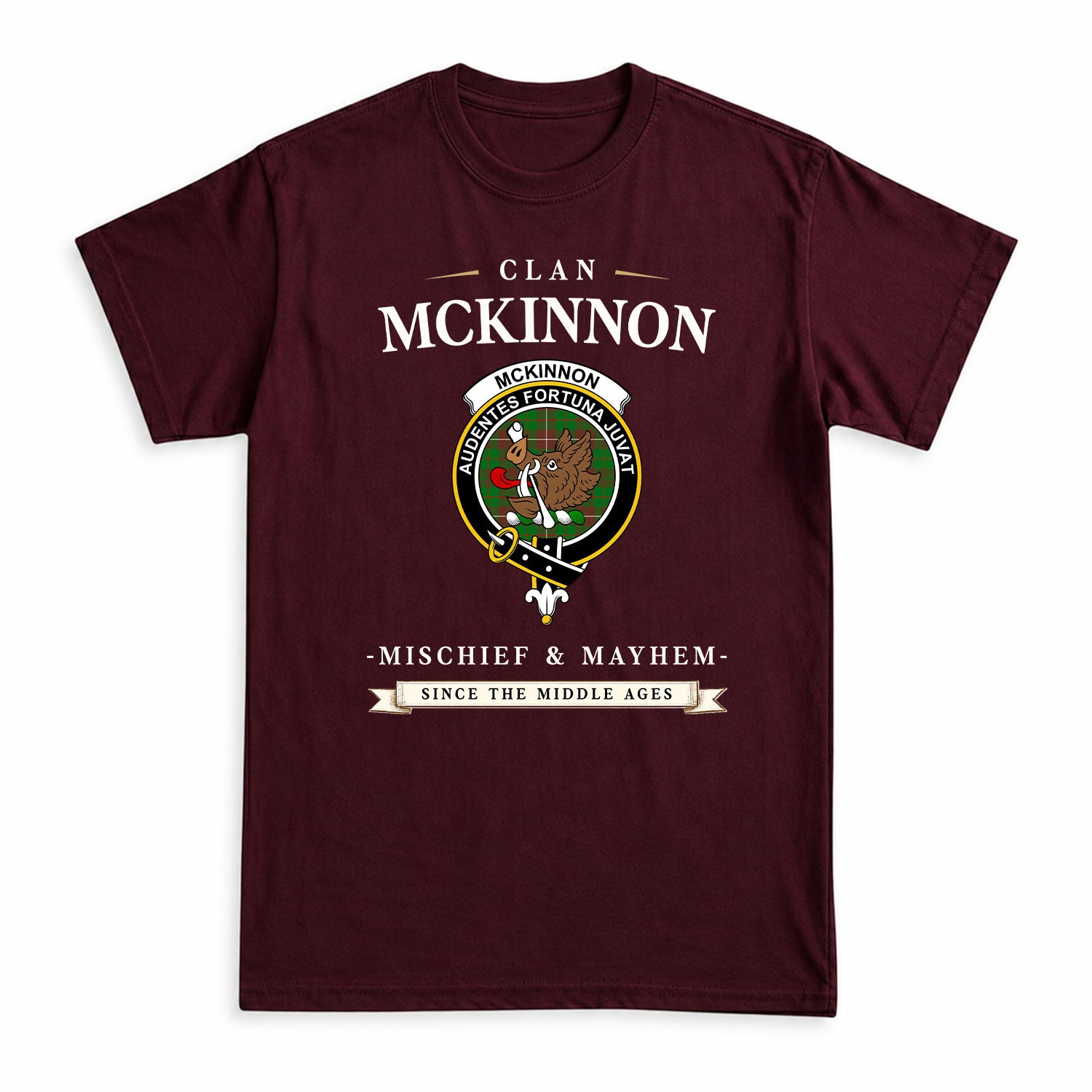 McKinnon Hunting Modern Tartan Crest Mischief and Mayhem T-shirt
