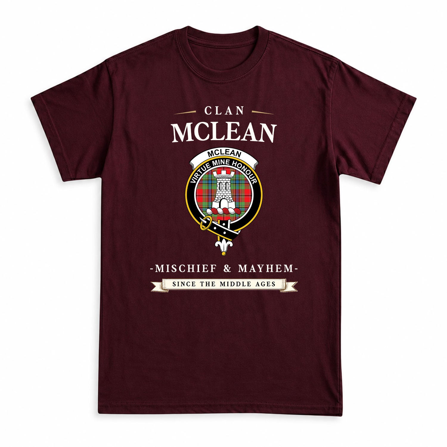 McLean of Duart Modern Tartan Crest Mischief and Mayhem T-shirt