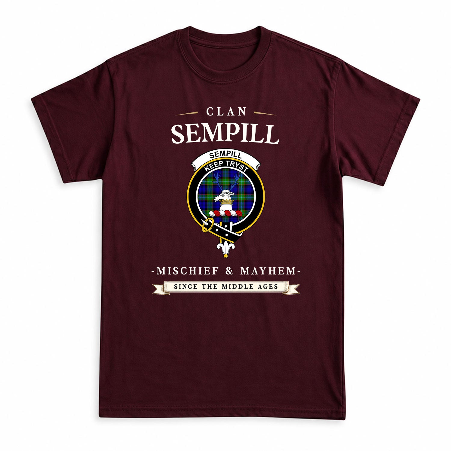 Sempill Modern Tartan Crest Mischief and Mayhem T-shirt