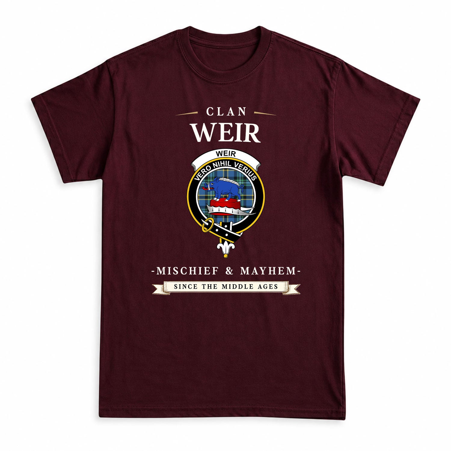 Weir Ancient Tartan Crest Mischief and Mayhem T-shirt