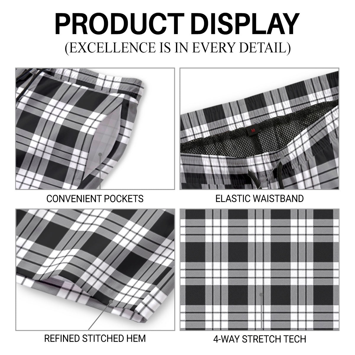 MacFarlane Black - White Tartan Crest Men's Beach Shorts
