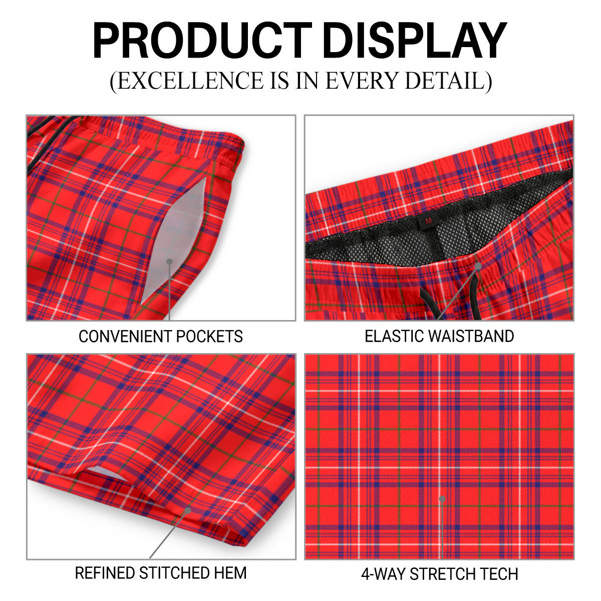 Rose Modern Tartan Crest Men's Beach Shorts
