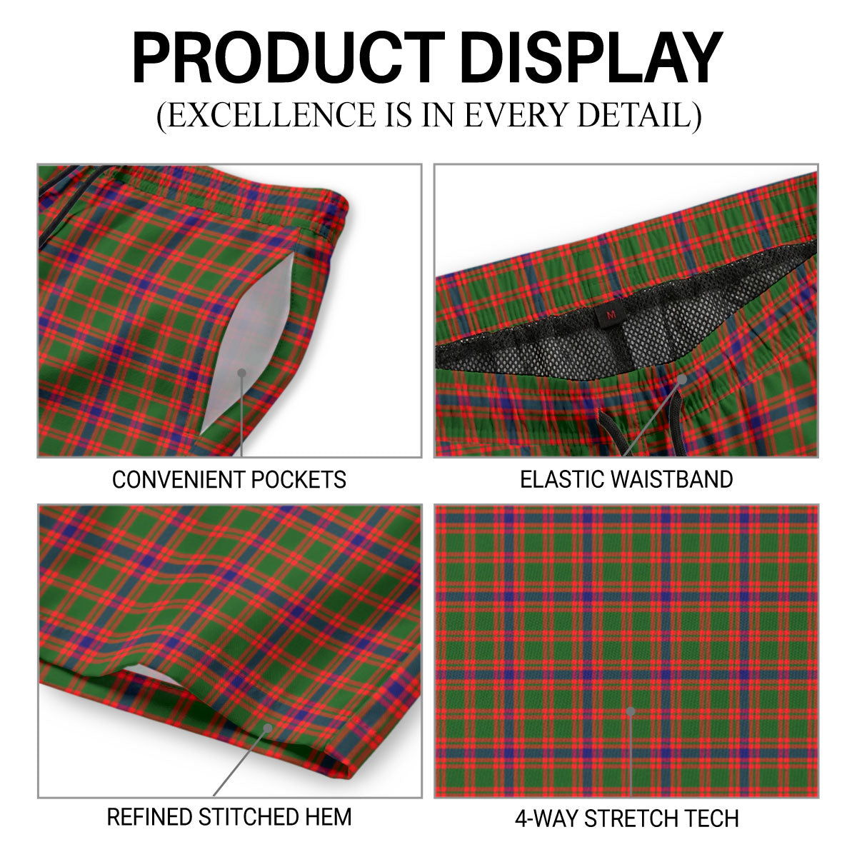 Skene Modern Tartan Crest Men's Beach Shorts