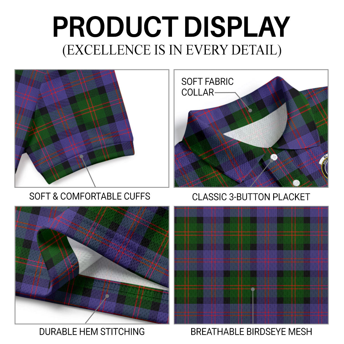 Blair Modern Tartan Crest Birdseye Mesh Polo Shirt