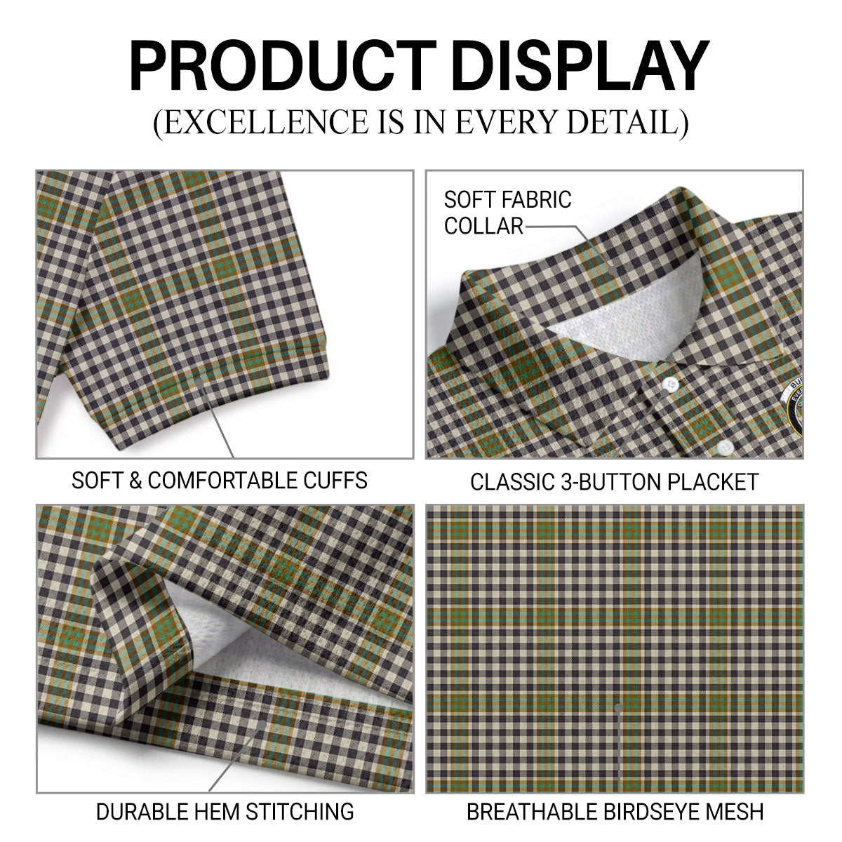 Burns Check Tartan Crest Birdseye Mesh Polo Shirt