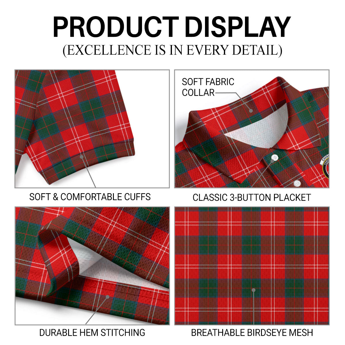 Chisholm Modern Tartan Crest Birdseye Mesh Polo Shirt