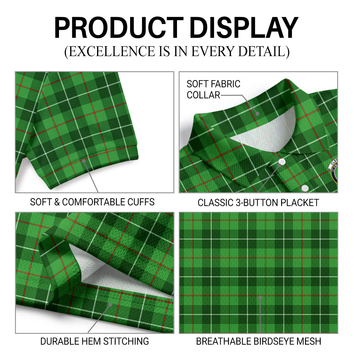 Clephan (or Clephane) Tartan Crest Birdseye Mesh Polo Shirt