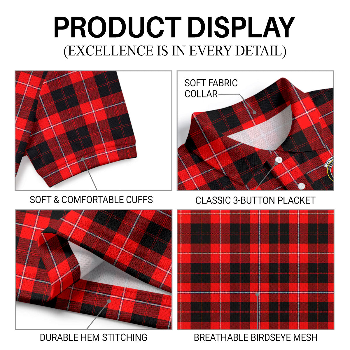 Cunningham Modern Tartan Crest Birdseye Mesh Polo Shirt