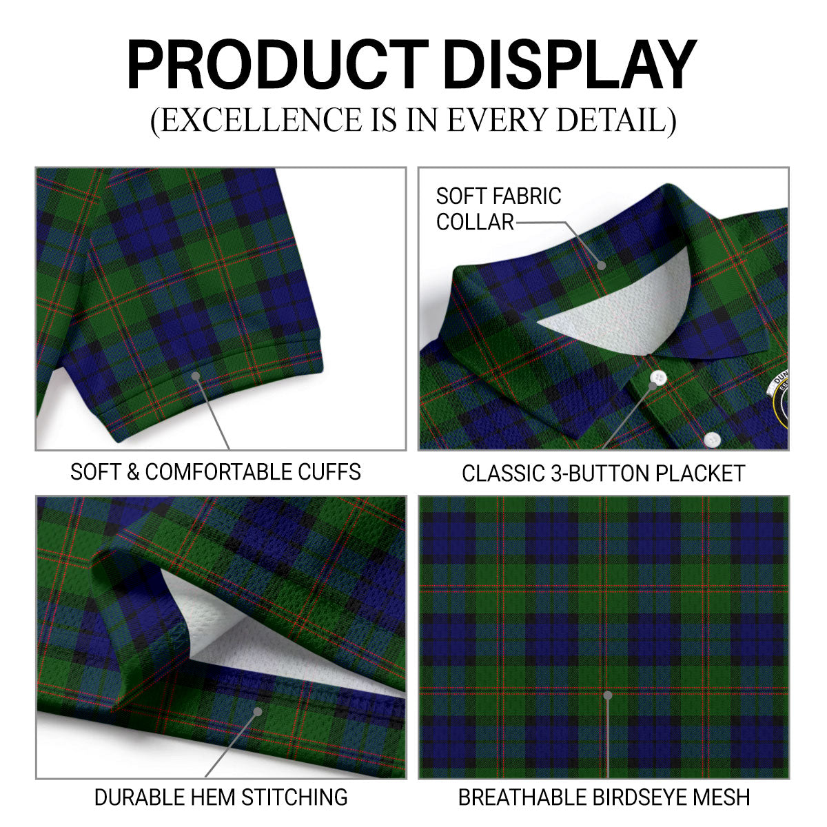 Dundas Modern Tartan Crest Birdseye Mesh Polo Shirt