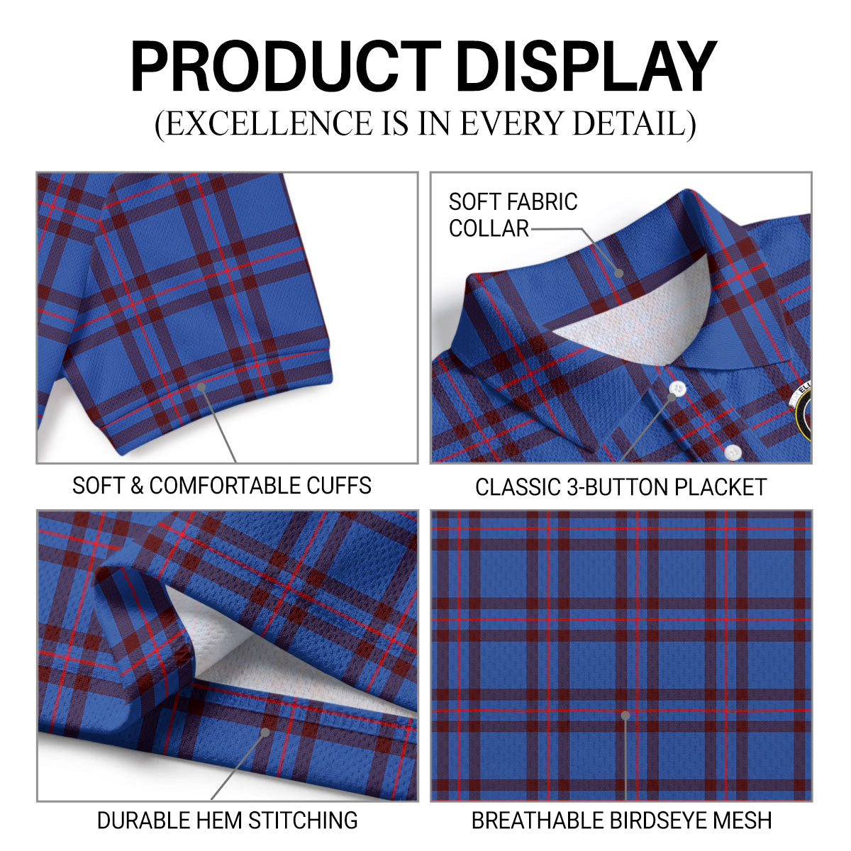 Elliot Modern Tartan Crest Birdseye Mesh Polo Shirt