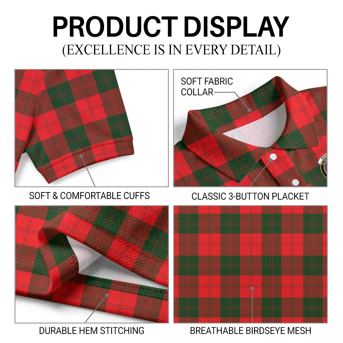 Erskine Modern Tartan Crest Birdseye Mesh Polo Shirt