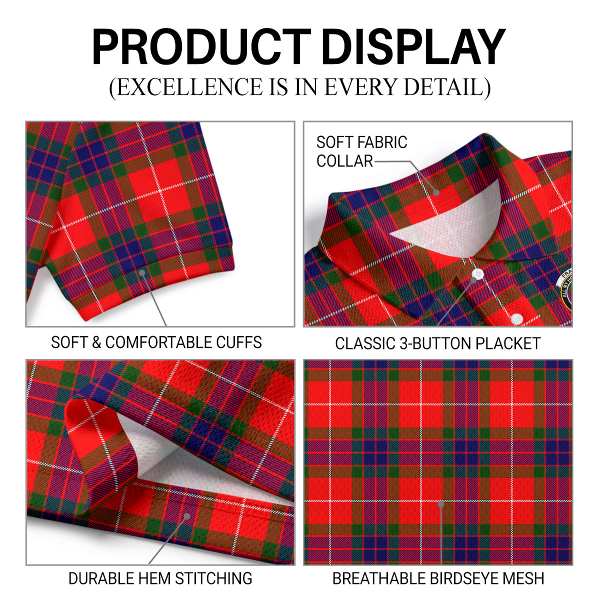 Fraser Tartan Crest Birdseye Mesh Polo Shirt