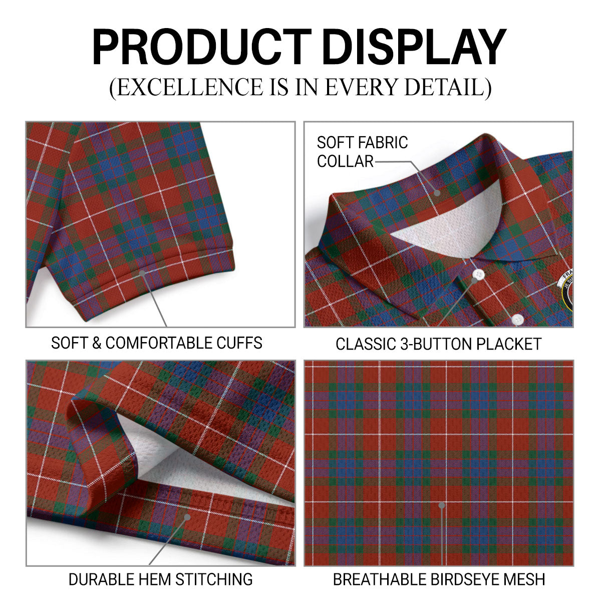 Fraser (of Lovat) Ancient Tartan Crest Birdseye Mesh Polo Shirt