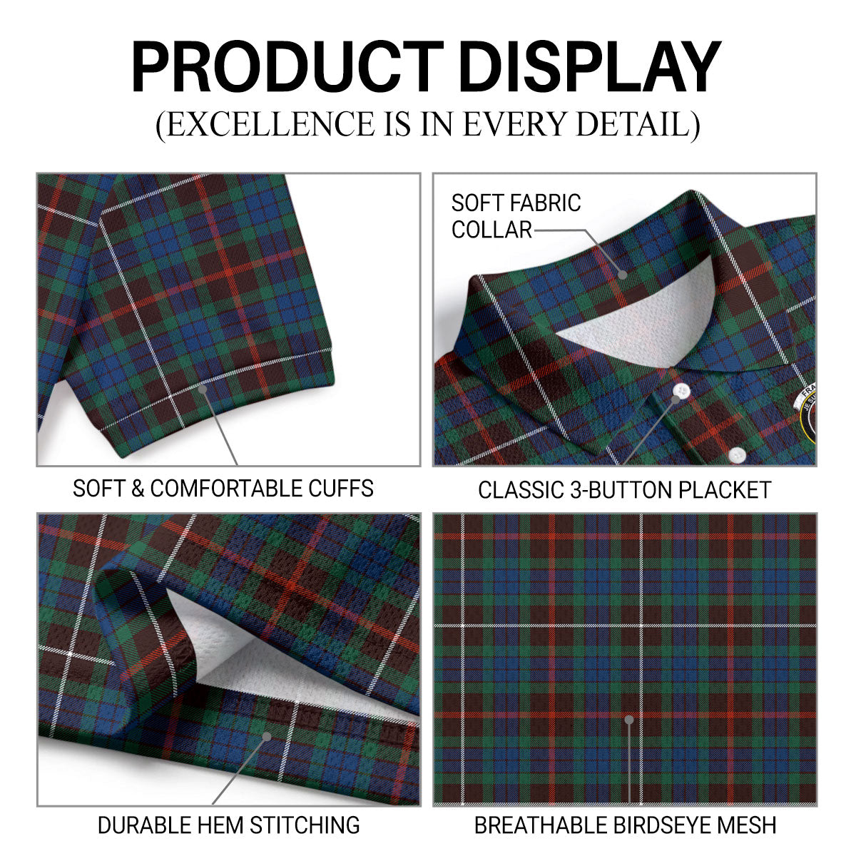 Fraser (of Lovat) Hunting Ancient Tartan Crest Birdseye Mesh Polo Shirt