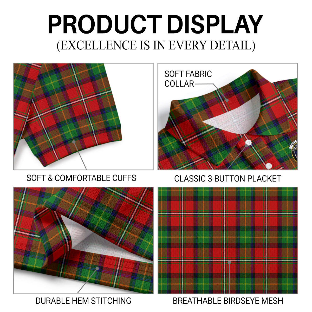 Fullerton Tartan Crest Birdseye Mesh Polo Shirt