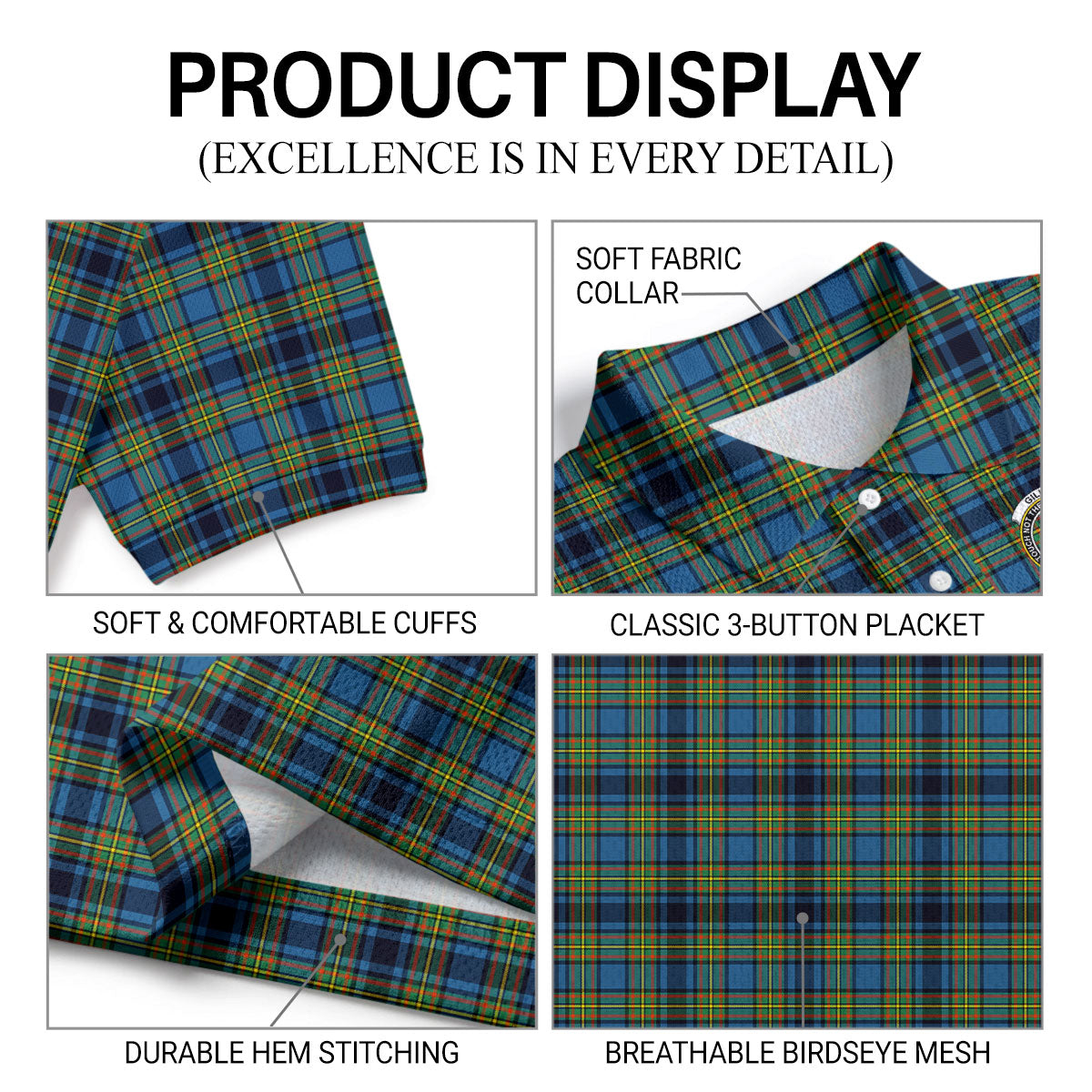 Gillies Ancient Tartan Crest Birdseye Mesh Polo Shirt